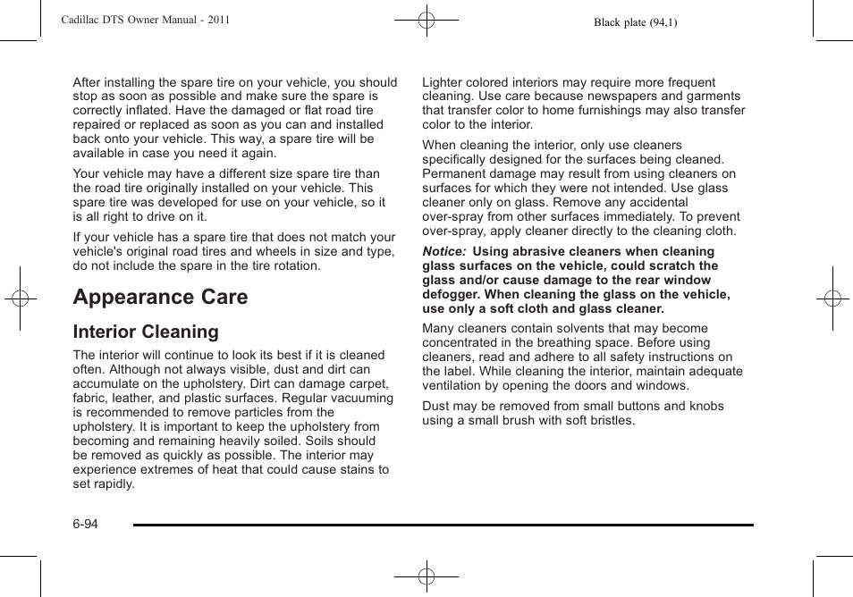 Appearance care, Interior cleaning, Appearance care -94 | Interior cleaning -94 | Cadillac 2011 DTS User Manual | Page 396 / 464