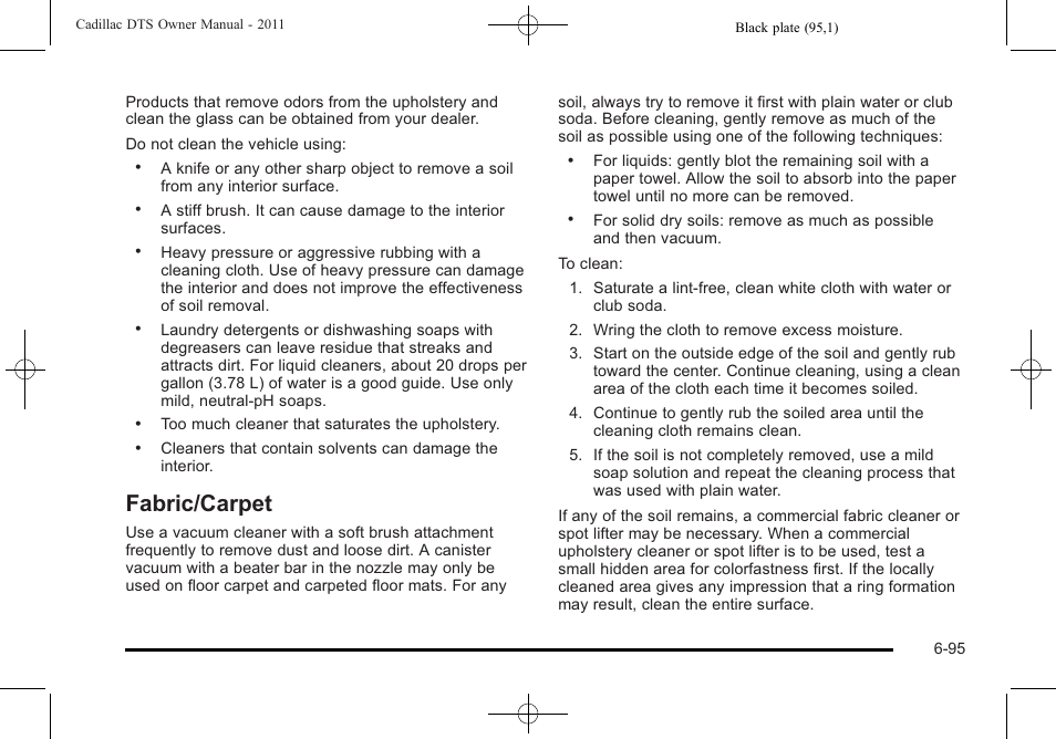 Fabric/carpet, Fabric/carpet -95 | Cadillac 2011 DTS User Manual | Page 397 / 464