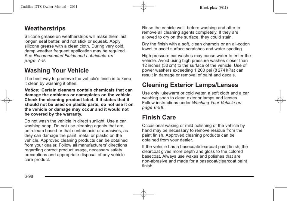 Weatherstrips, Washing your vehicle, Cleaning exterior lamps/lenses | Finish care, Weatherstrips -98 washing your vehicle -98, Exterior lamps/lenses -98 finish care -98 | Cadillac 2011 DTS User Manual | Page 400 / 464