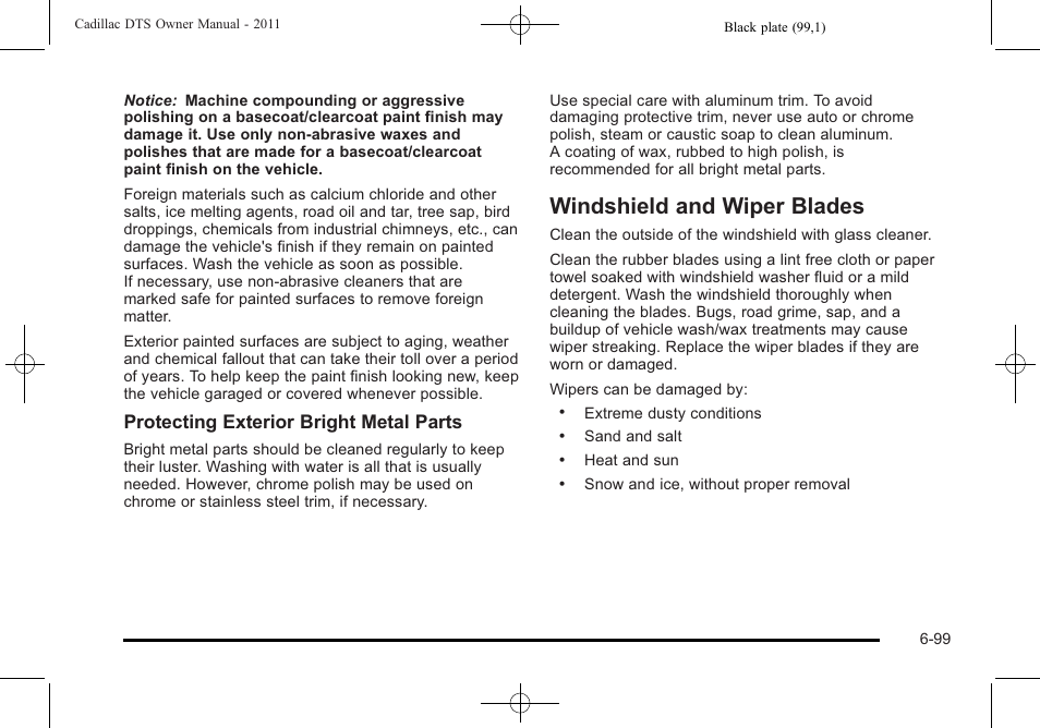 Windshield and wiper blades, Windshield and wiper blades -99, Protecting exterior bright metal parts | Cadillac 2011 DTS User Manual | Page 401 / 464