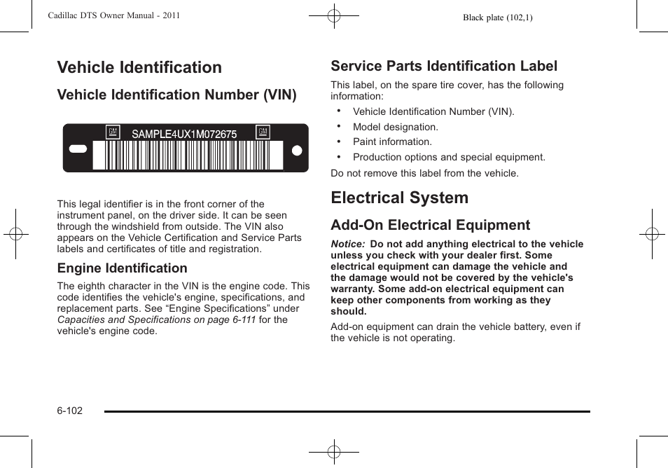 Vehicle identification, Vehicle identification number (vin), Service parts identification label | Electrical system, Add-on electrical equipment, Vehicle identification -102, Electrical system -102, Add-on electrical equipment -102, Engine identification | Cadillac 2011 DTS User Manual | Page 404 / 464