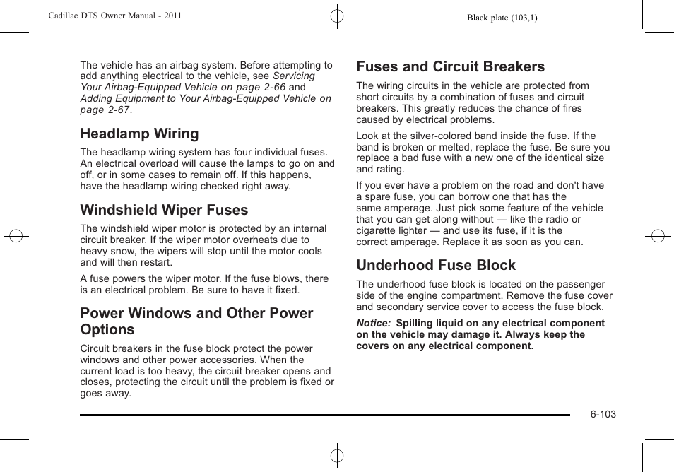Headlamp wiring, Windshield wiper fuses, Power windows and other power options | Fuses and circuit breakers, Underhood fuse block | Cadillac 2011 DTS User Manual | Page 405 / 464