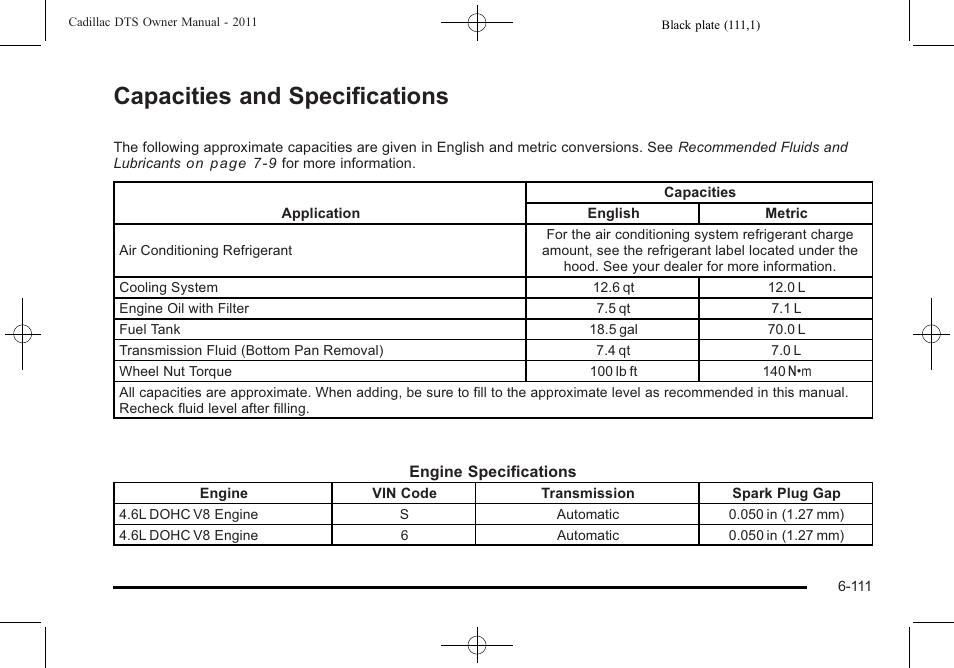 Capacities and specifications, Capacities and specifications -111 | Cadillac 2011 DTS User Manual | Page 413 / 464