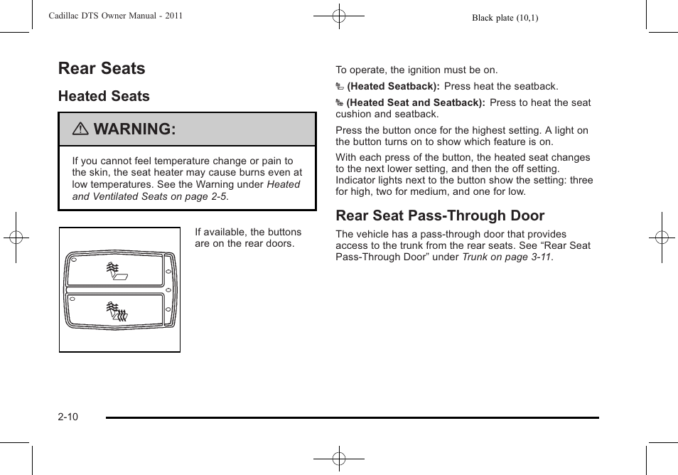 Rear seats, Heated seats, Rear seat pass-through door | Rear seats -10, Heated seats -10 rear seat pass-through door -10, Warning | Cadillac 2011 DTS User Manual | Page 42 / 464