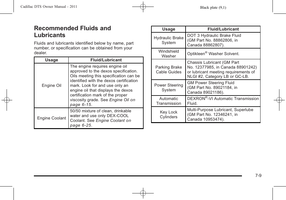 Recommended fluids and lubricants, Recommended fluids and lubricants -9 | Cadillac 2011 DTS User Manual | Page 423 / 464