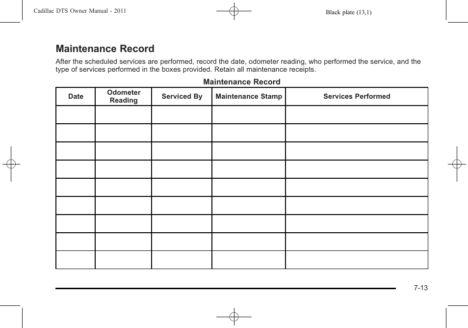 Maintenance record, Record -13 | Cadillac 2011 DTS User Manual | Page 427 / 464