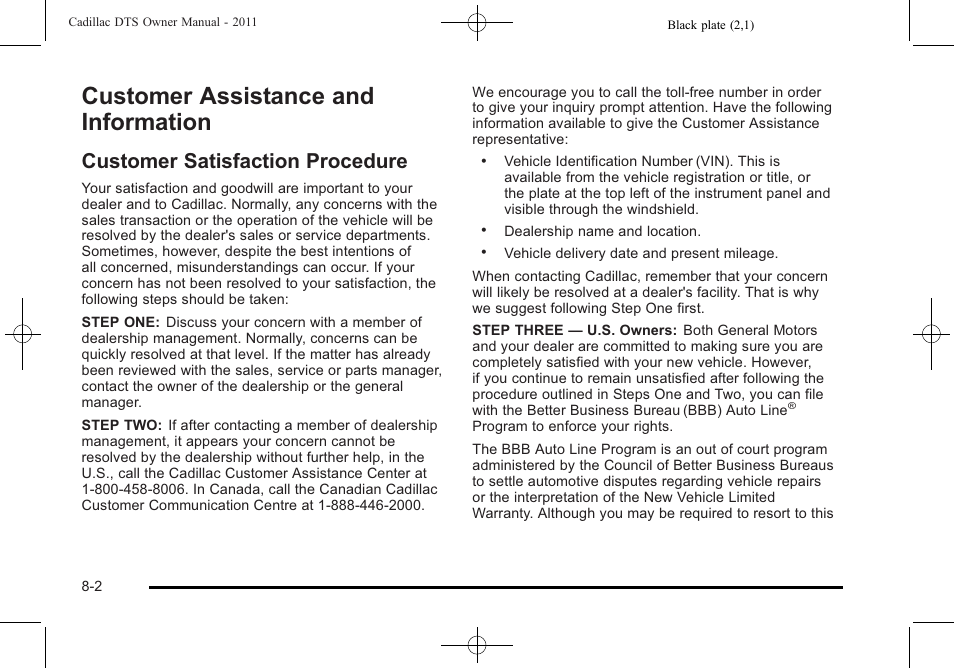 Customer assistance and information, Customer satisfaction procedure, Assistance and information -2 | Customer assistance and information -2, Customer satisfaction procedure -2 | Cadillac 2011 DTS User Manual | Page 432 / 464