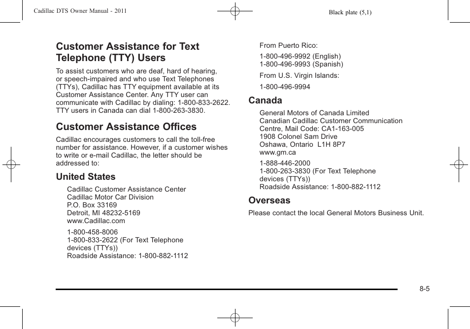Customer assistance for text telephone (tty) users, Customer assistance offices, Customer assistance for text telephone (tty) | Users -5, Customer assistance offices -5, Reporting, United states, Canada, Overseas | Cadillac 2011 DTS User Manual | Page 435 / 464