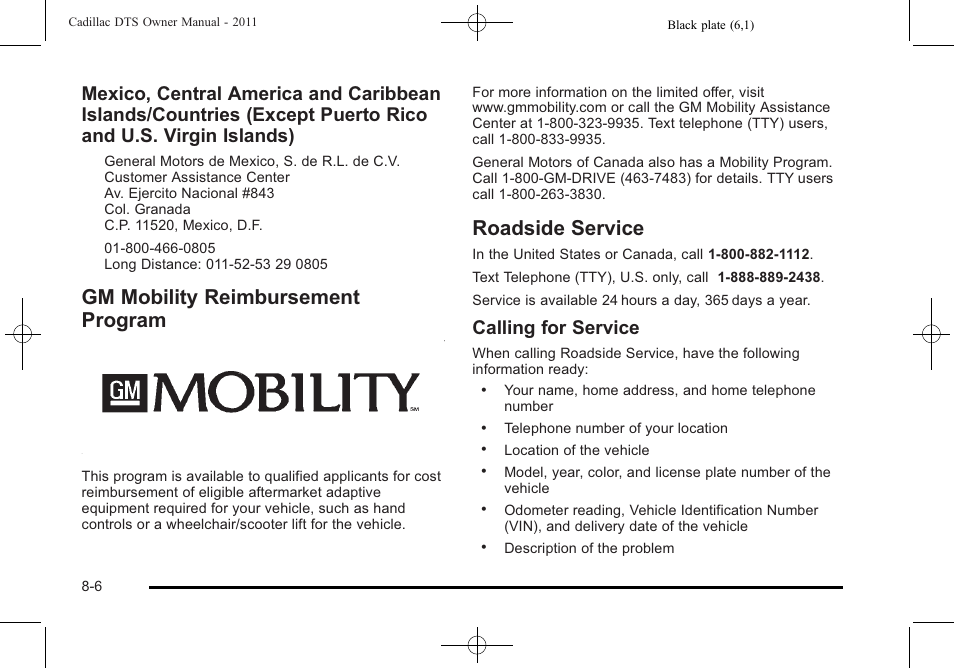 Gm mobility reimbursement program, Roadside service, Vehicle data | Calling for service | Cadillac 2011 DTS User Manual | Page 436 / 464