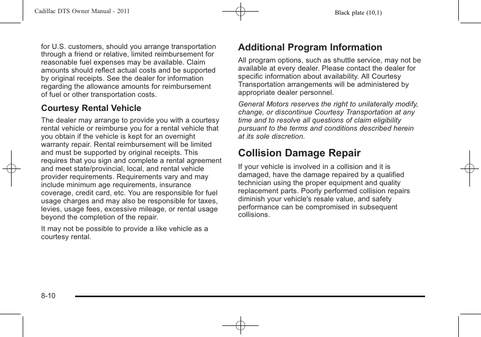 Collision damage repair, Collision damage repair -10, Navigation | Additional program information | Cadillac 2011 DTS User Manual | Page 440 / 464