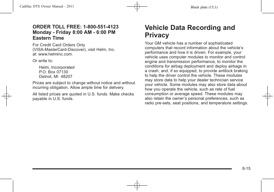 Vehicle data recording and privacy, Recording and privacy -15 | Cadillac 2011 DTS User Manual | Page 445 / 464