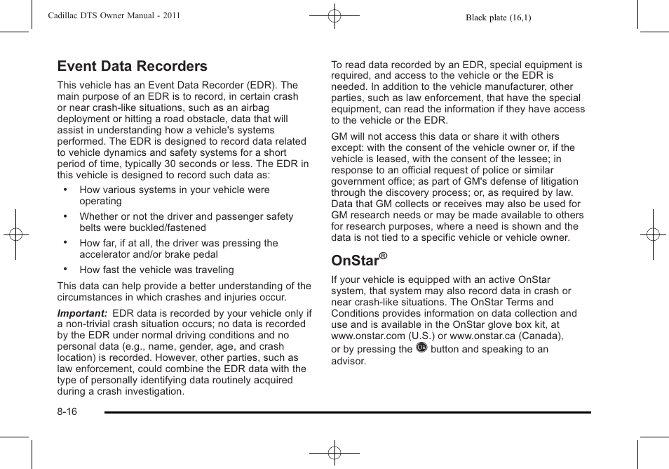 Event data recorders, Onstar, Event data recorders -16 onstar | Cadillac 2011 DTS User Manual | Page 446 / 464