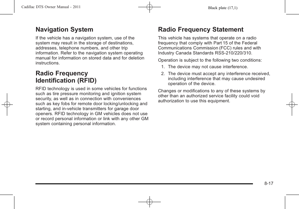 Navigation system, Radio frequency identification (rfid), Radio frequency statement | Cadillac 2011 DTS User Manual | Page 447 / 464