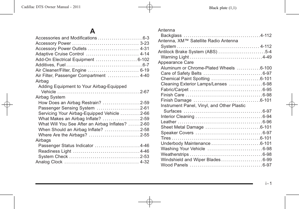 Index, Index_a | Cadillac 2011 DTS User Manual | Page 449 / 464