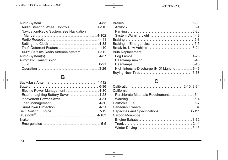 Index_b, Index_c | Cadillac 2011 DTS User Manual | Page 450 / 464