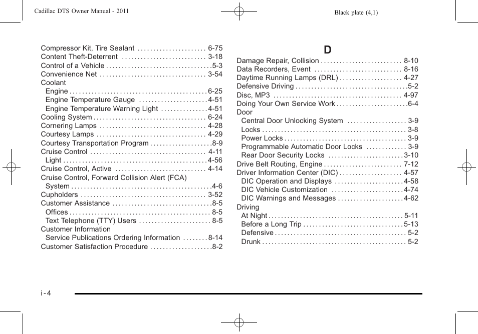 Index_d | Cadillac 2011 DTS User Manual | Page 452 / 464