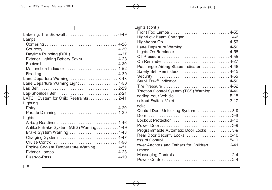 Index_l | Cadillac 2011 DTS User Manual | Page 456 / 464