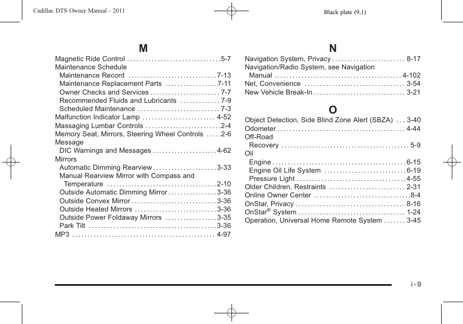 Index_m, Index_n, Index_o | Cadillac 2011 DTS User Manual | Page 457 / 464