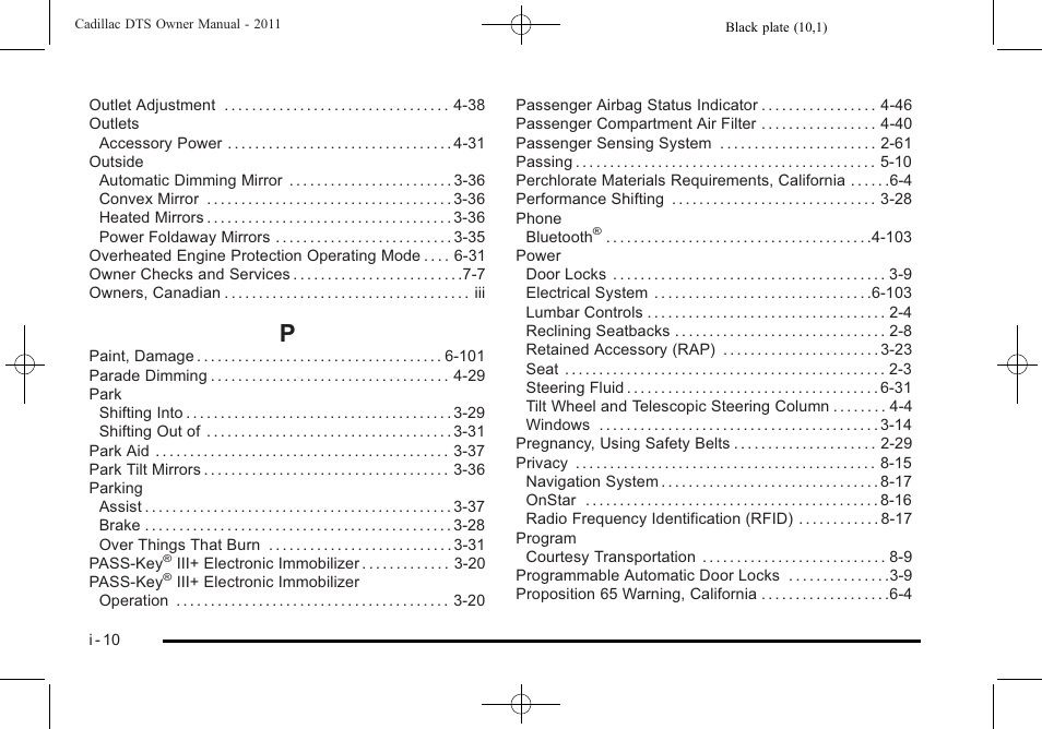 Index_p | Cadillac 2011 DTS User Manual | Page 458 / 464