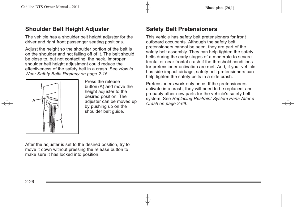 Shoulder belt height adjuster, Safety belt pretensioners | Cadillac 2011 DTS User Manual | Page 58 / 464