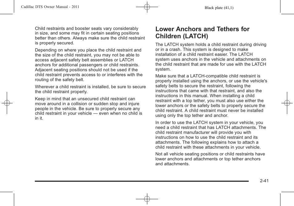 Lower anchors and tethers for children (latch), Lower anchors and tethers for children, Latch) -41 | Cadillac 2011 DTS User Manual | Page 73 / 464