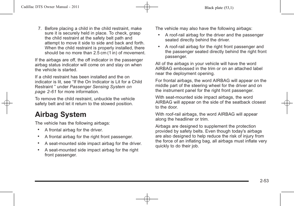 Airbag system, Airbag system -53, Instrument panel | Cadillac 2011 DTS User Manual | Page 85 / 464
