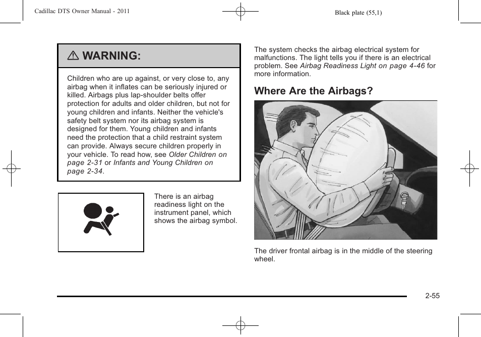 Where are the airbags, Where are the airbags? -55, Warning | Cadillac 2011 DTS User Manual | Page 87 / 464