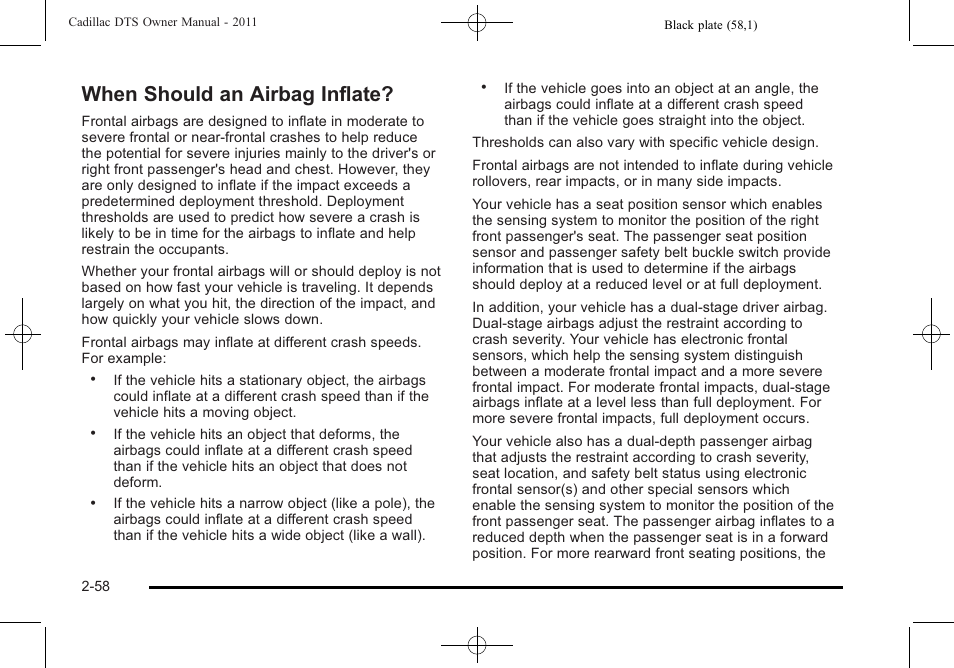 When should an airbag inflate, When should an airbag inflate? -58 | Cadillac 2011 DTS User Manual | Page 90 / 464