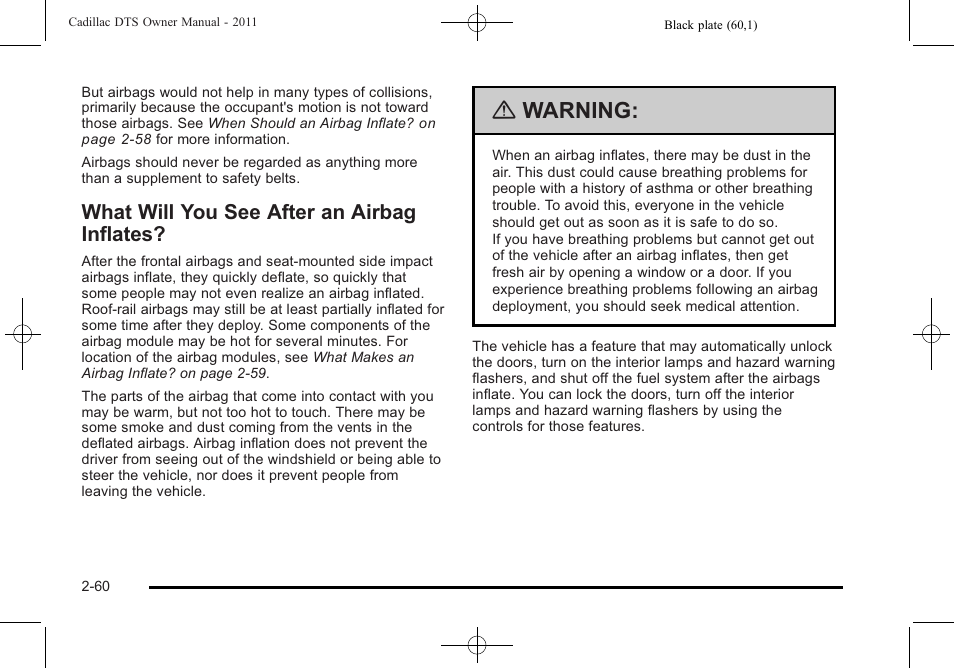 What will you see after an airbag inflates, What will you see after an airbag inflates? -60, Warning | Cadillac 2011 DTS User Manual | Page 92 / 464