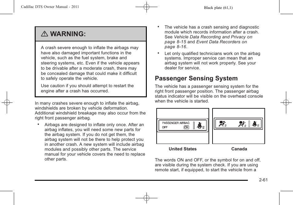 Passenger sensing system, Passenger sensing system -61, Warning | Cadillac 2011 DTS User Manual | Page 93 / 464