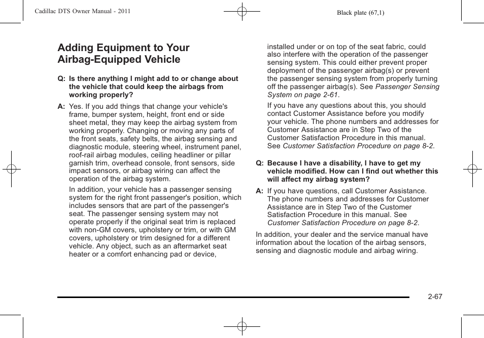 Adding equipment to your airbag-equipped vehicle, Equipment to your airbag-equipped, Vehicle -67 | Cadillac 2011 DTS User Manual | Page 99 / 464