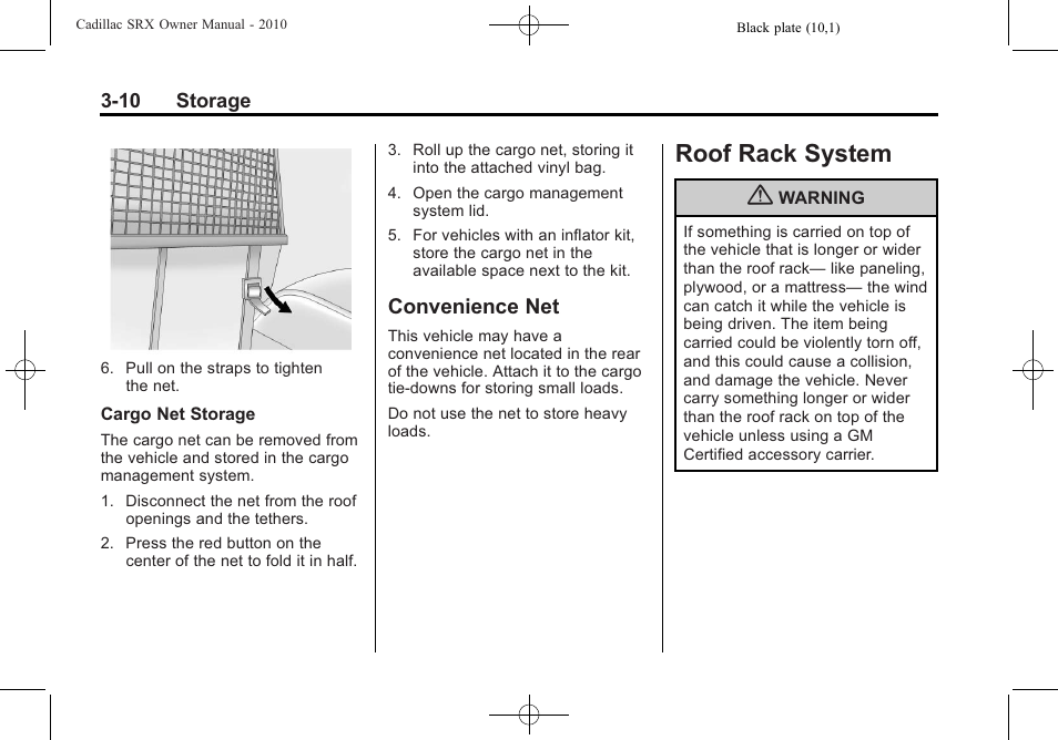 Convenience net, Roof rack system, Roof rack system -10 | Phone, Convenience net -10 | Cadillac 2010 SRX User Manual | Page 106 / 468