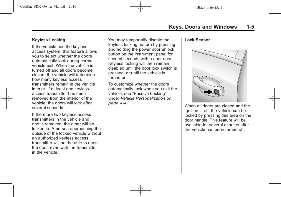 Keys, doors and windows 1-5 | Cadillac 2010 SRX User Manual | Page 11 / 468