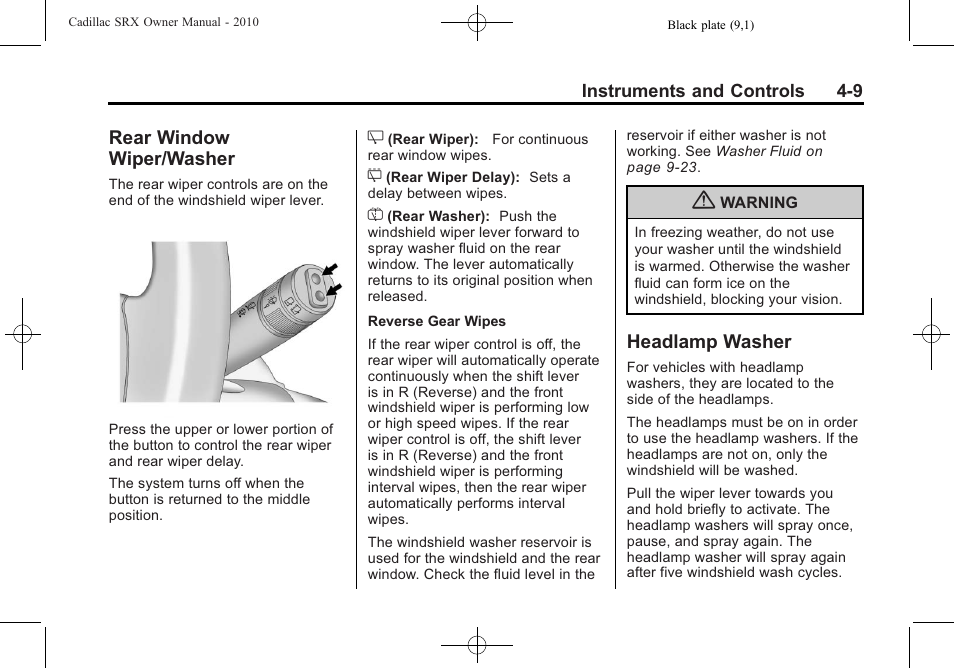 Rear window wiper/washer, Headlamp washer, Rear window wiper | Washer -9, Headlamp washer -9 | Cadillac 2010 SRX User Manual | Page 117 / 468