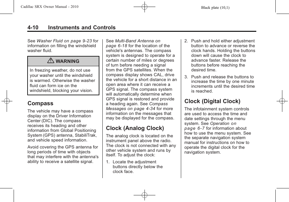 Compass, Clock (analog clock), Clock (digital clock) | Malfunction, Clock (analog clock) on | Cadillac 2010 SRX User Manual | Page 118 / 468