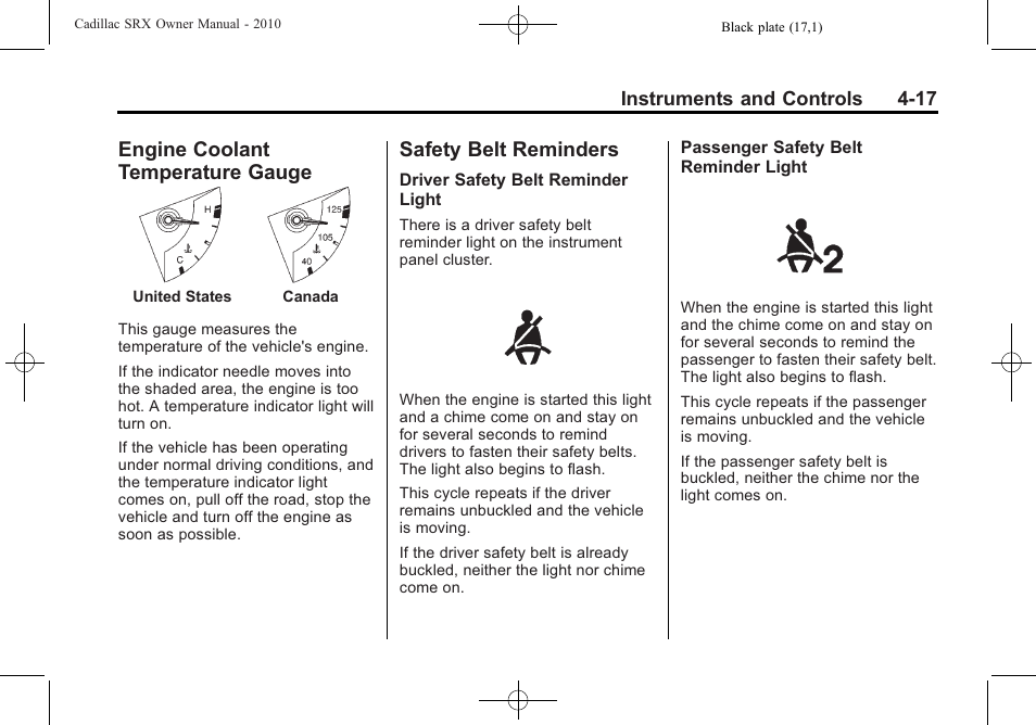 Engine coolant temperature gauge, Safety belt reminders, Engine coolant temperature | Gauge -17, Safety belt reminders -17, High-beam | Cadillac 2010 SRX User Manual | Page 125 / 468
