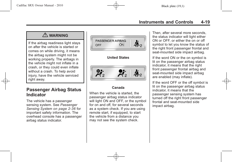 Passenger airbag status indicator, Passenger airbag status, Indicator -19 | Cadillac 2010 SRX User Manual | Page 127 / 468