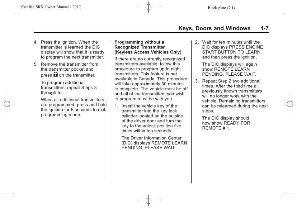 Keys, doors and windows 1-7 | Cadillac 2010 SRX User Manual | Page 13 / 468