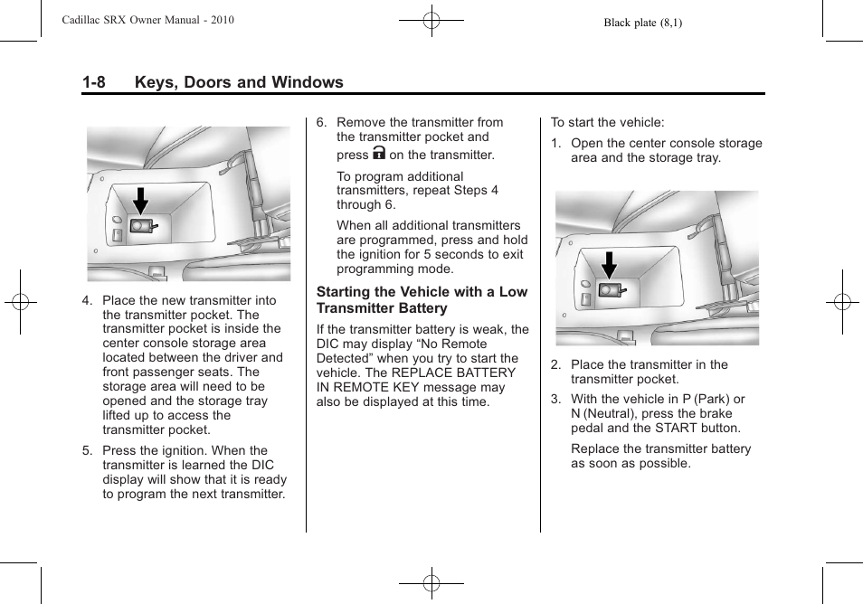8 keys, doors and windows | Cadillac 2010 SRX User Manual | Page 14 / 468