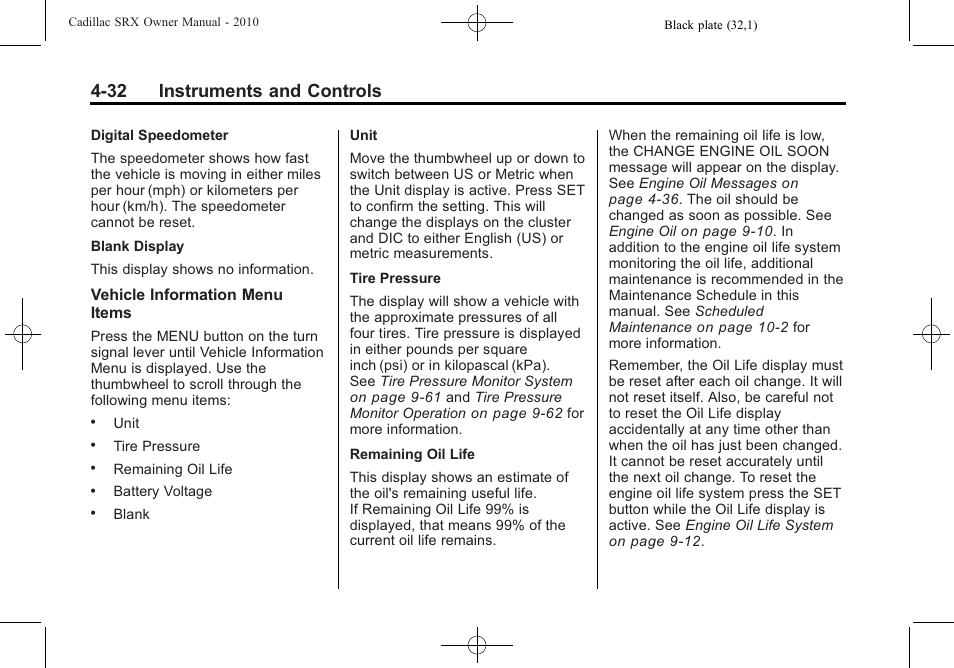 32 instruments and controls | Cadillac 2010 SRX User Manual | Page 140 / 468