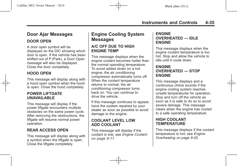 Door ajar messages, Engine cooling system messages, Door ajar messages -35 engine cooling system | Messages -35, Vehicle, Washer | Cadillac 2010 SRX User Manual | Page 143 / 468