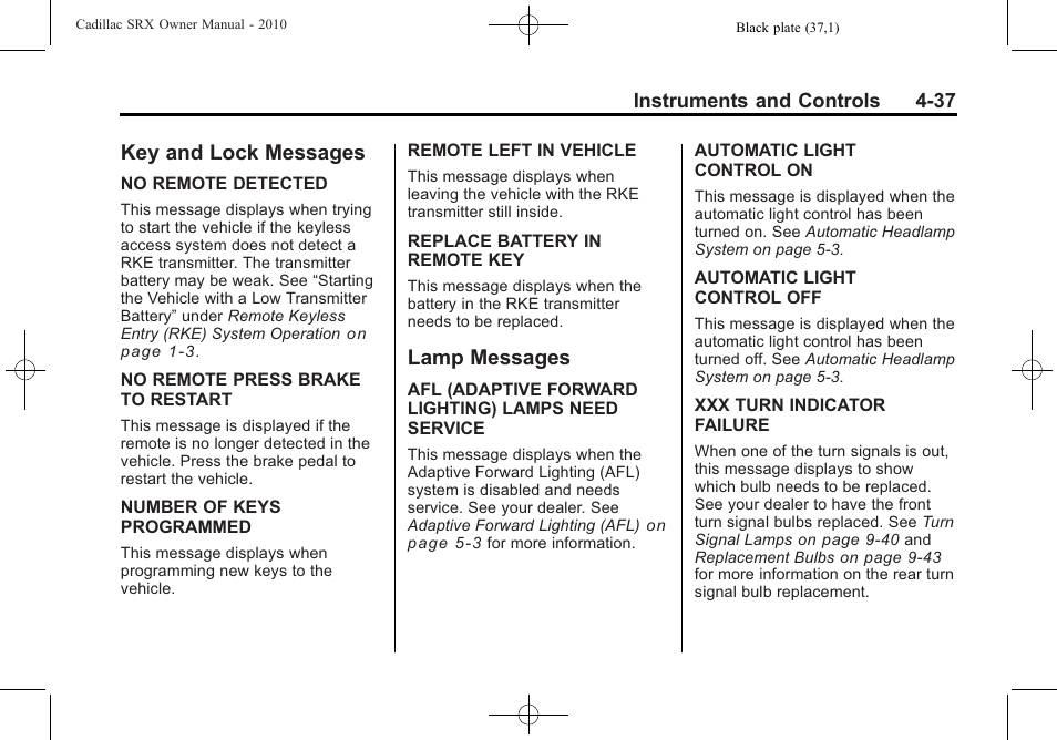 Key and lock messages, Lamp messages, Key and lock messages -37 lamp messages -37 | Onstar | Cadillac 2010 SRX User Manual | Page 145 / 468