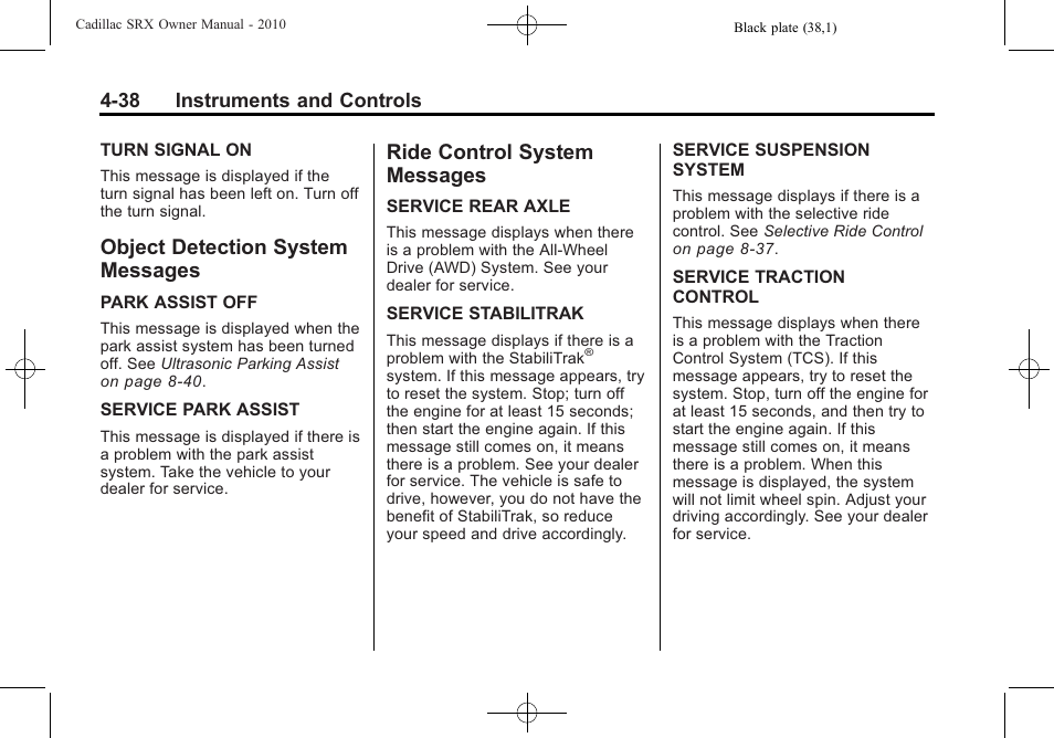 Object detection system messages, Ride control system messages, Object detection system | Messages -38, Ride control system, Universal | Cadillac 2010 SRX User Manual | Page 146 / 468