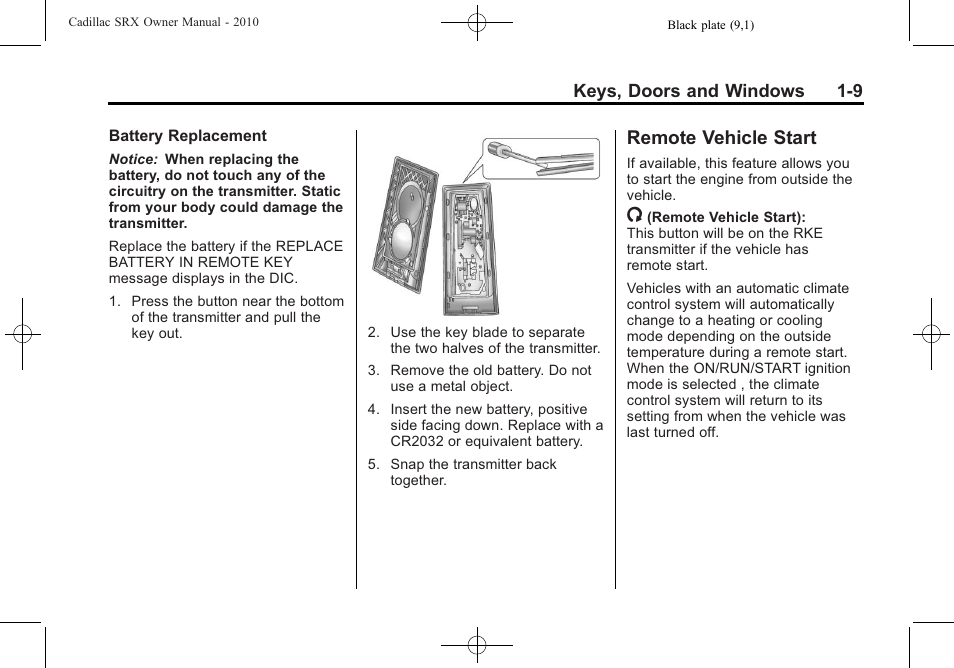 Remote vehicle start, Remote vehicle start -9 | Cadillac 2010 SRX User Manual | Page 15 / 468