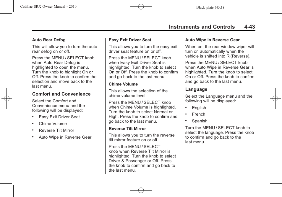 Instruments and controls 4-43 | Cadillac 2010 SRX User Manual | Page 151 / 468