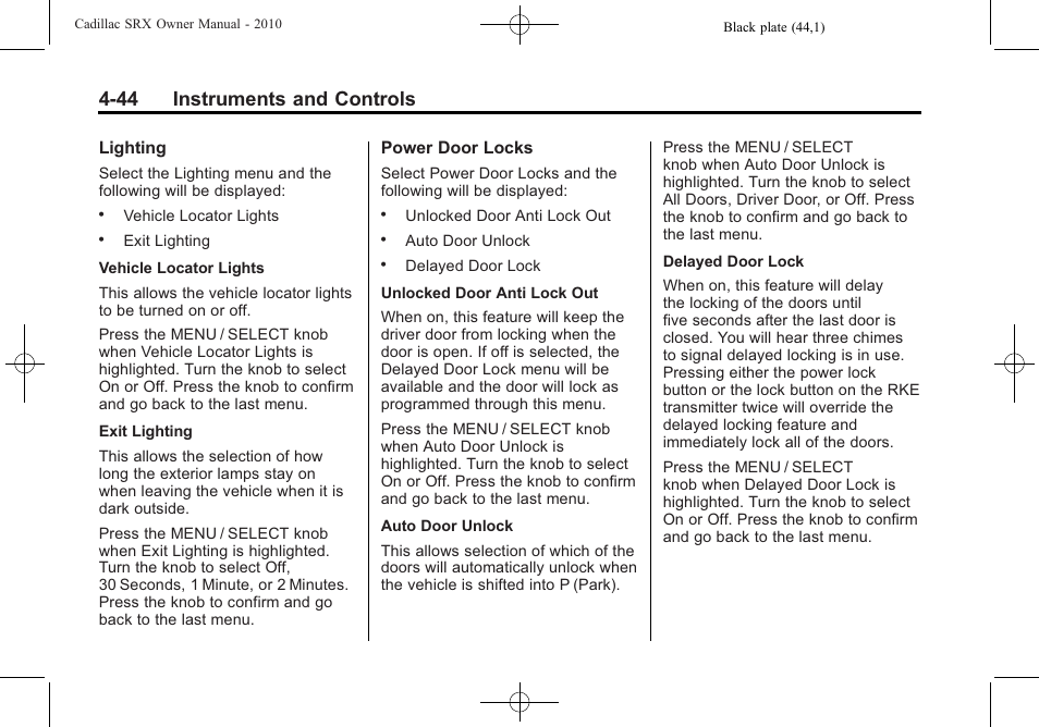 44 instruments and controls | Cadillac 2010 SRX User Manual | Page 152 / 468