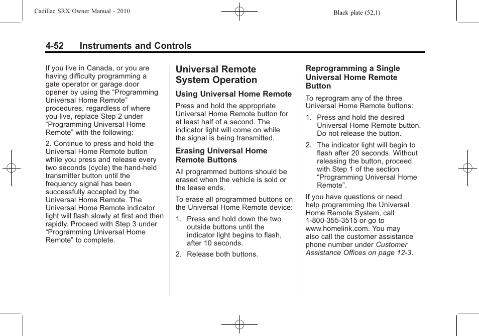 Universal remote system operation, Universal remote system, Operation -52 | 52 instruments and controls | Cadillac 2010 SRX User Manual | Page 160 / 468