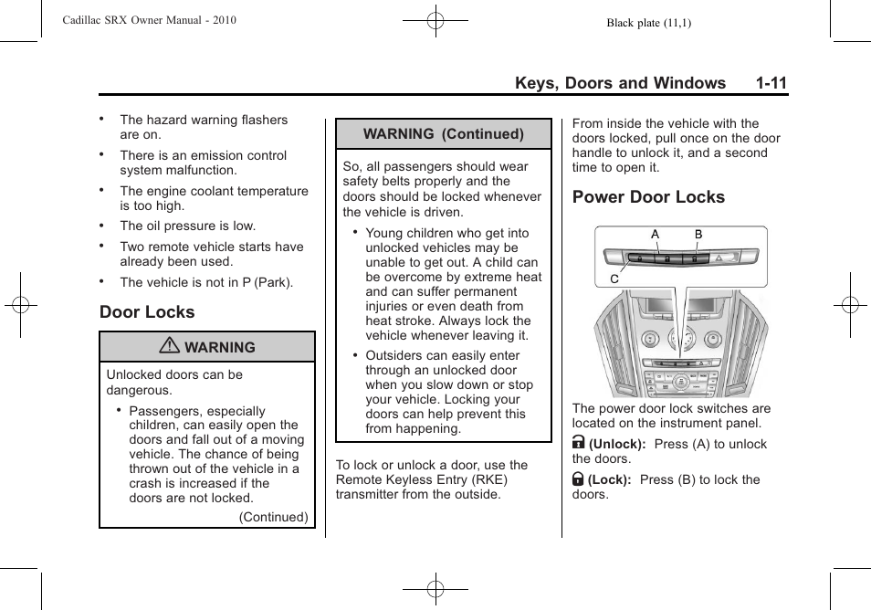 Door locks, Power door locks, Door locks -11 power door locks -11 | Windows, Keys, doors and windows 1-11 | Cadillac 2010 SRX User Manual | Page 17 / 468