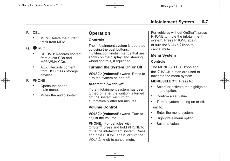 Operation, Operation -7, Rear seat | Infotainment system 6-7 | Cadillac 2010 SRX User Manual | Page 173 / 468