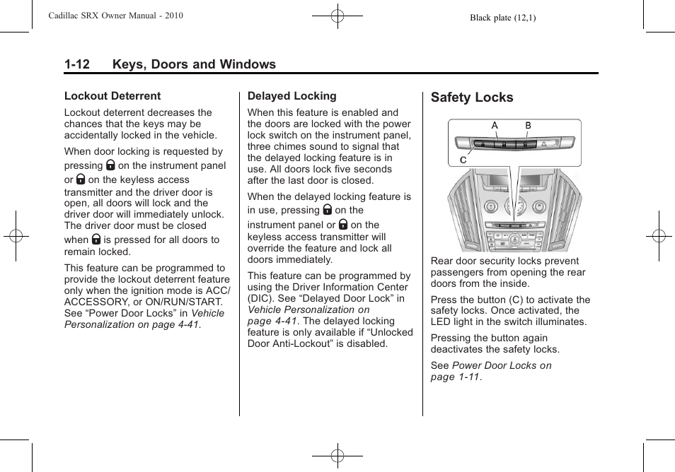 Safety locks, Safety locks -12 | Cadillac 2010 SRX User Manual | Page 18 / 468